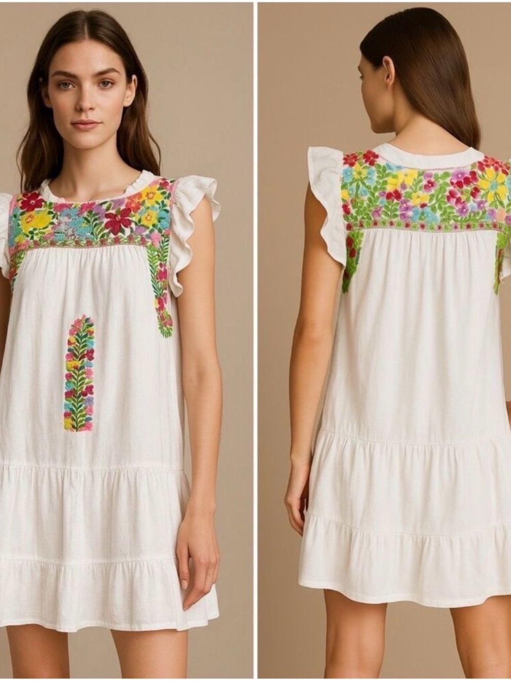 J. Marie Embroidered White Cotton Sundress with Floral Yoke